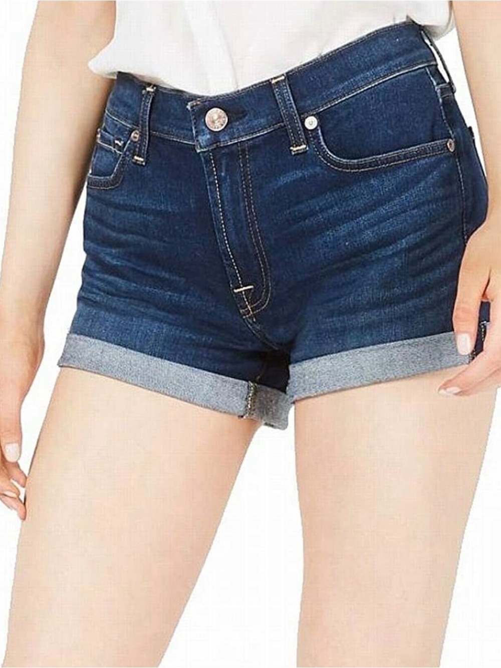 7 For All Mankind Dark Blue Rolled-Hem Denim Shorts